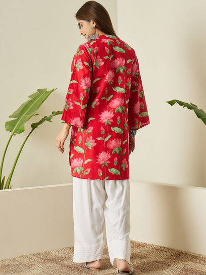 Red Floral Cotton Kurta Farshi Salwar Set