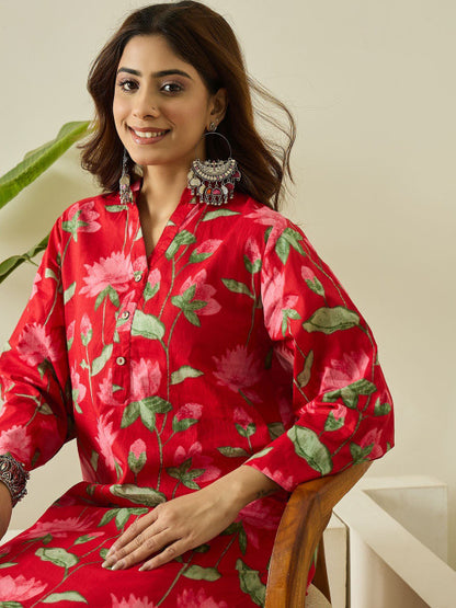 Red Floral Cotton Kurta Farshi Salwar Set