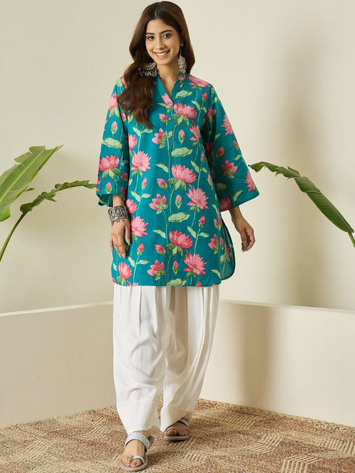 Teal Floral Cotton Kurta Farshi Salwar Set