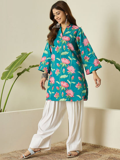 Teal Floral Cotton Kurta Farshi Salwar Set