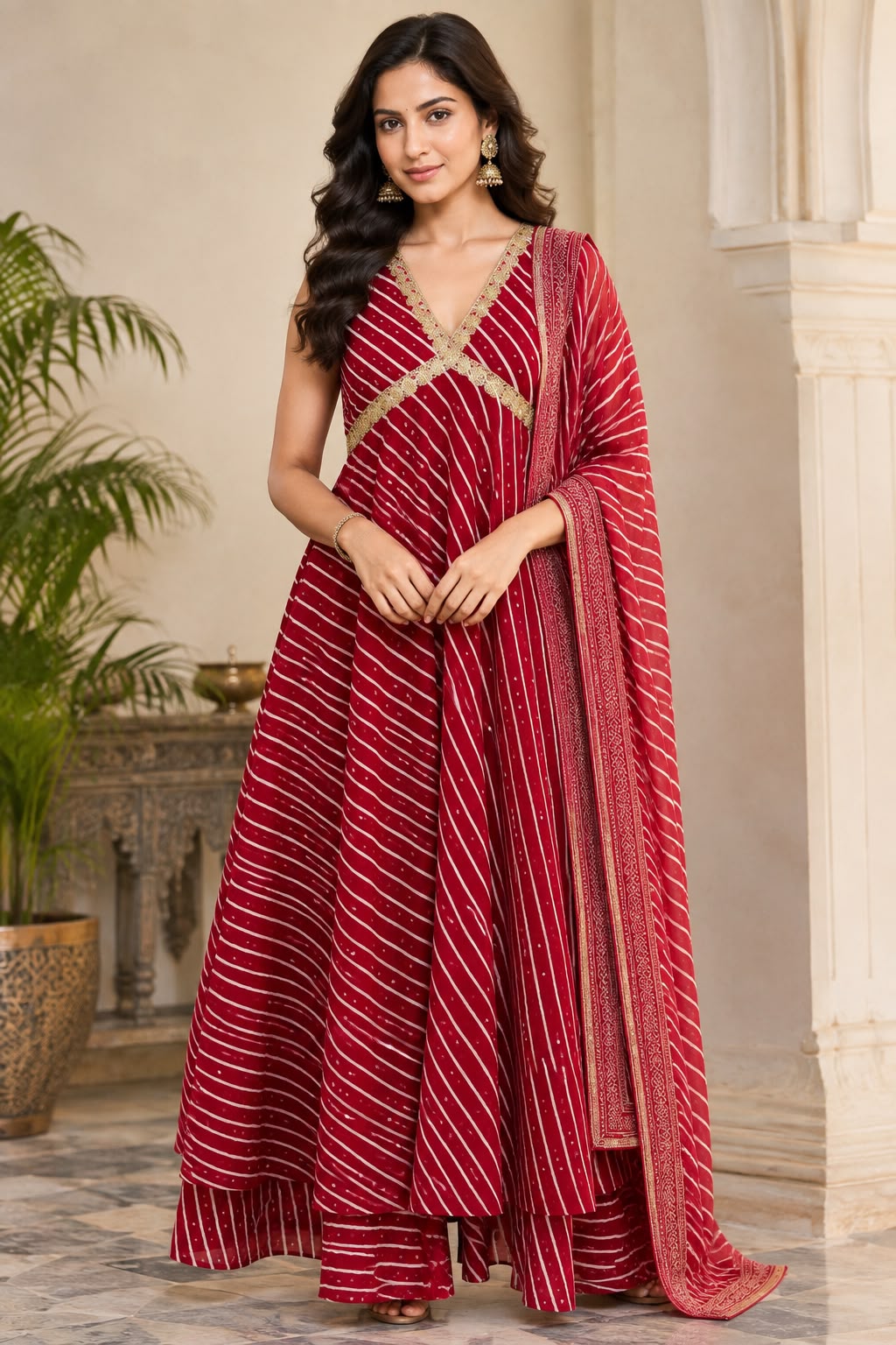 Maroon Gota Patti Leheriya Anarkali Gown Set