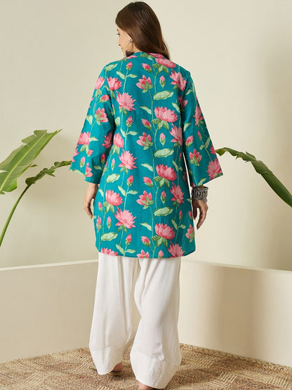 Teal Floral Cotton Kurta Farshi Salwar Set