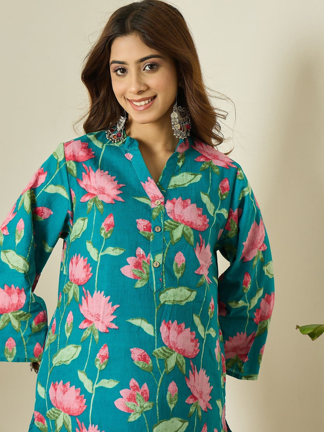 Teal Floral Cotton Kurta Farshi Salwar Set