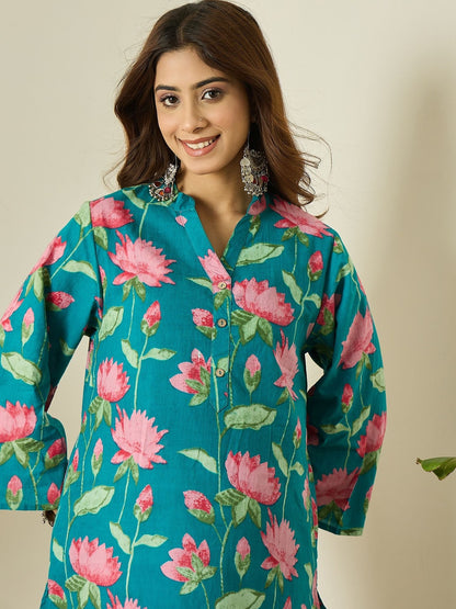Teal Floral Cotton Kurta Farshi Salwar Set