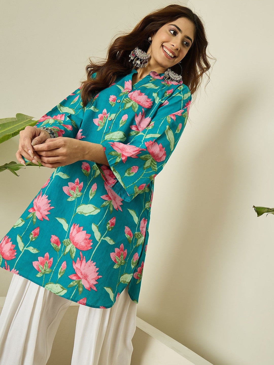 Teal Floral Cotton Kurta Farshi Salwar Set