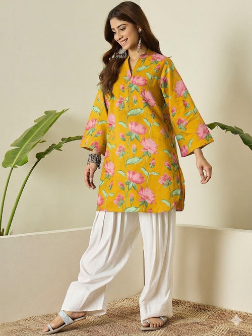 Mustard Floral Cotton Kurta Farshi Salwar Set