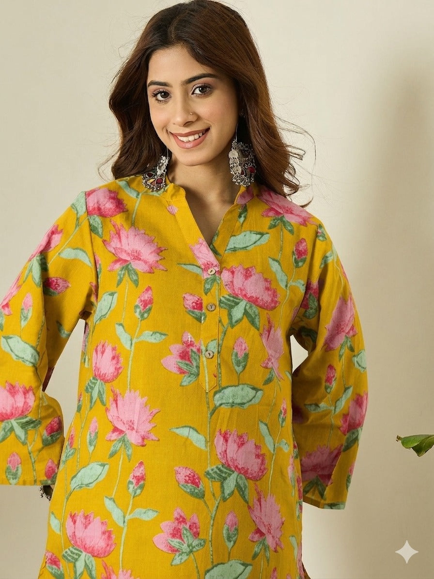 Mustard Floral Cotton Kurta Farshi Salwar Set
