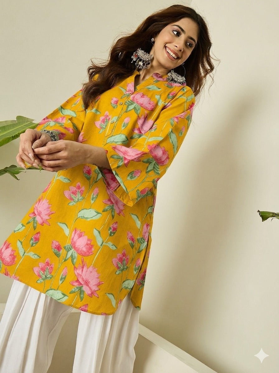 Mustard Floral Cotton Kurta Farshi Salwar Set