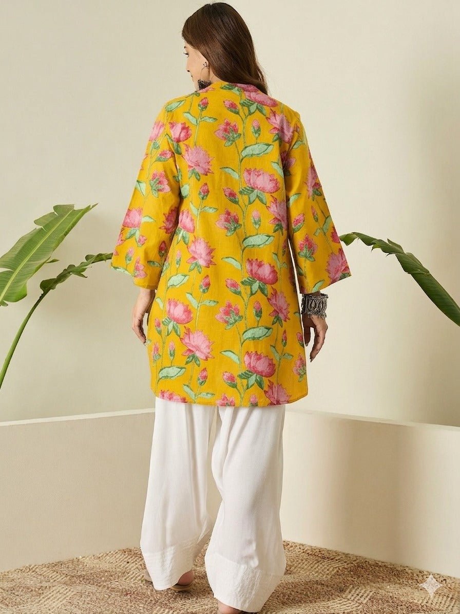 Mustard Floral Cotton Kurta Farshi Salwar Set