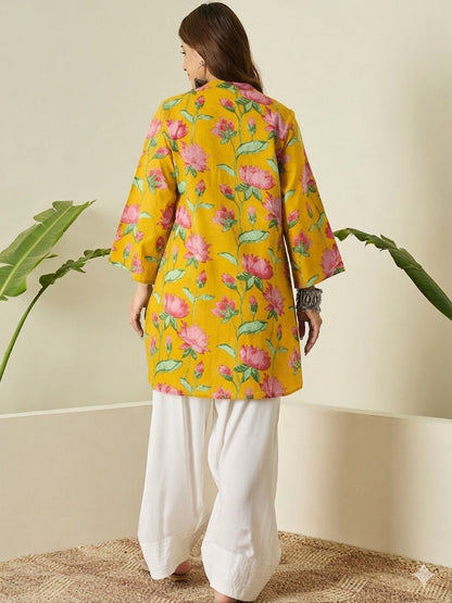 Mustard Floral Cotton Kurta Farshi Salwar Set
