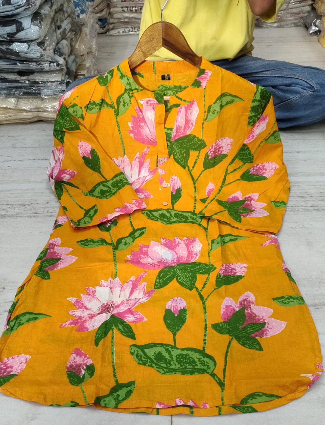 Mustard Floral Cotton Kurta Farshi Salwar Set