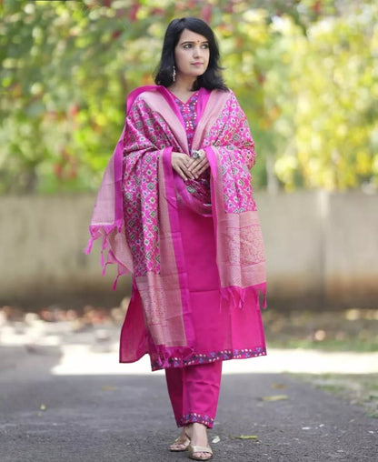 Pink Embroidered Kurta Pant Dupatta Set