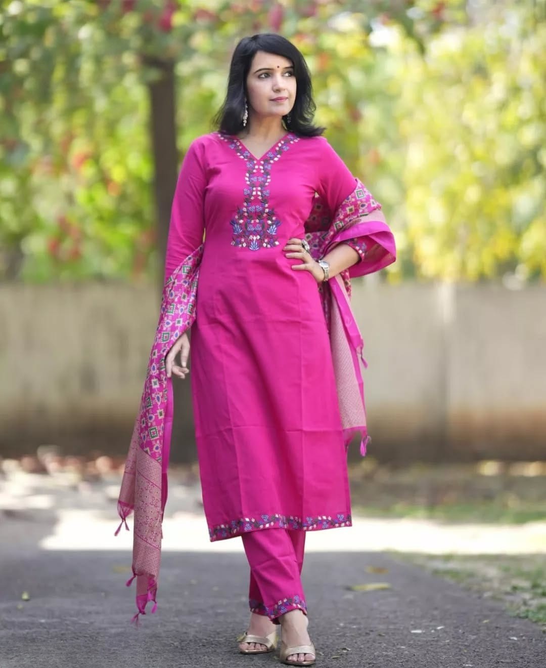 Pink Embroidered Kurta Pant Dupatta Set