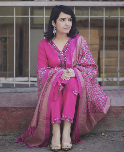 Pink Embroidered Kurta Pant Dupatta Set