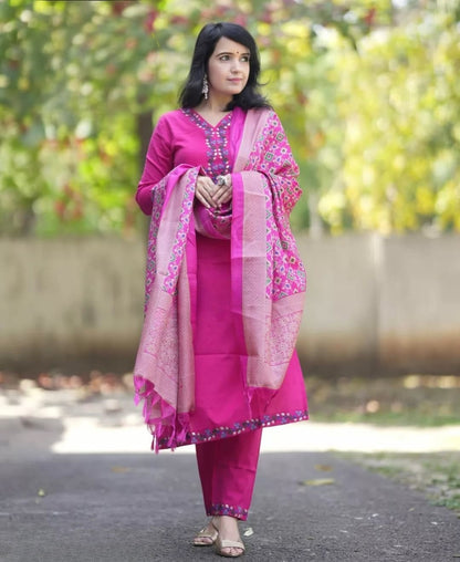 Pink Embroidered Kurta Pant Dupatta Set