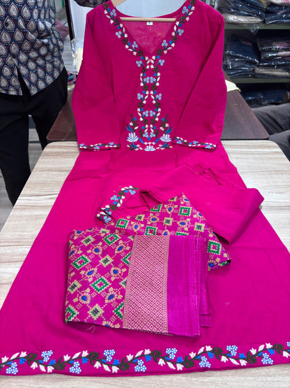 Pink Embroidered Kurta Pant Dupatta Set