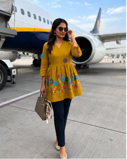 Mustard Embroidered Cotton Wrap Peplum Kurta