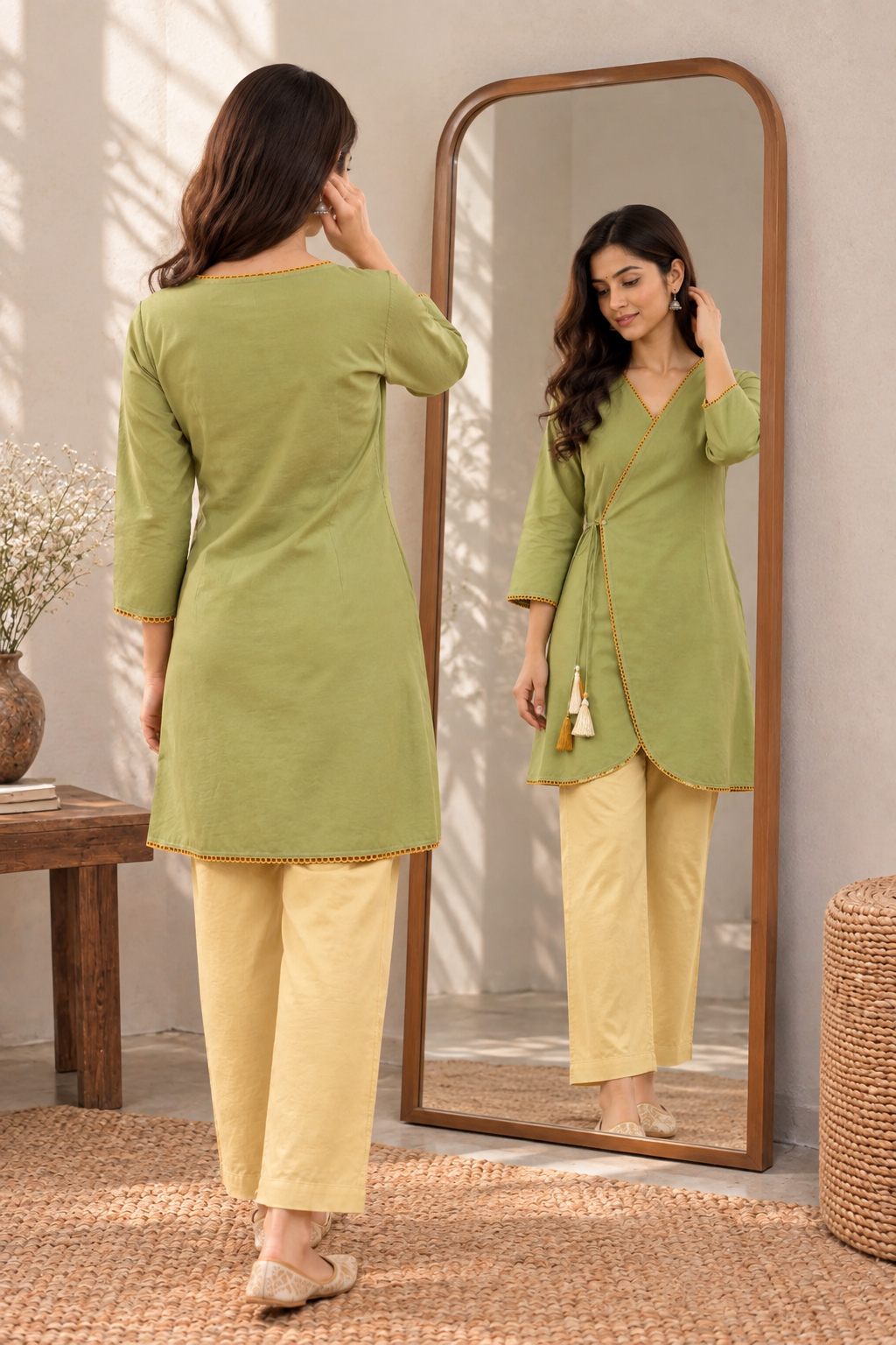 Mehendi Green Angrakha Short Kurta Set with Lace Border Work