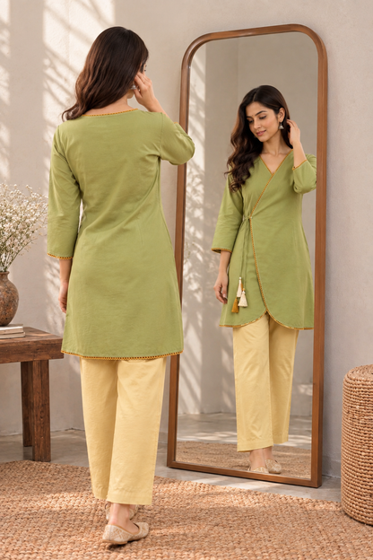 Mehendi Green Angrakha Short Kurta Set with Lace Border Work