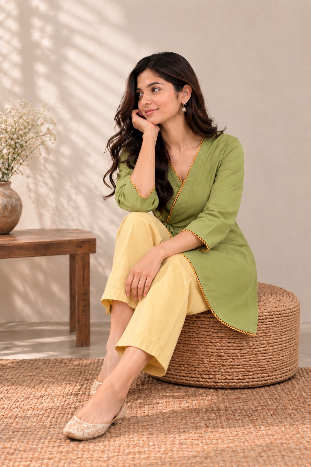 Mehendi Green Angrakha Short Kurta Set with Lace Border Work