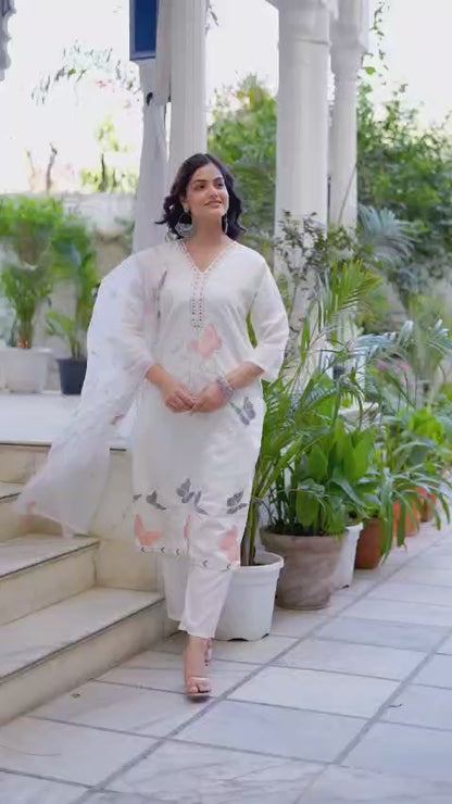 White Embroidered Roman Silk Kurta Pant Dupatta Set